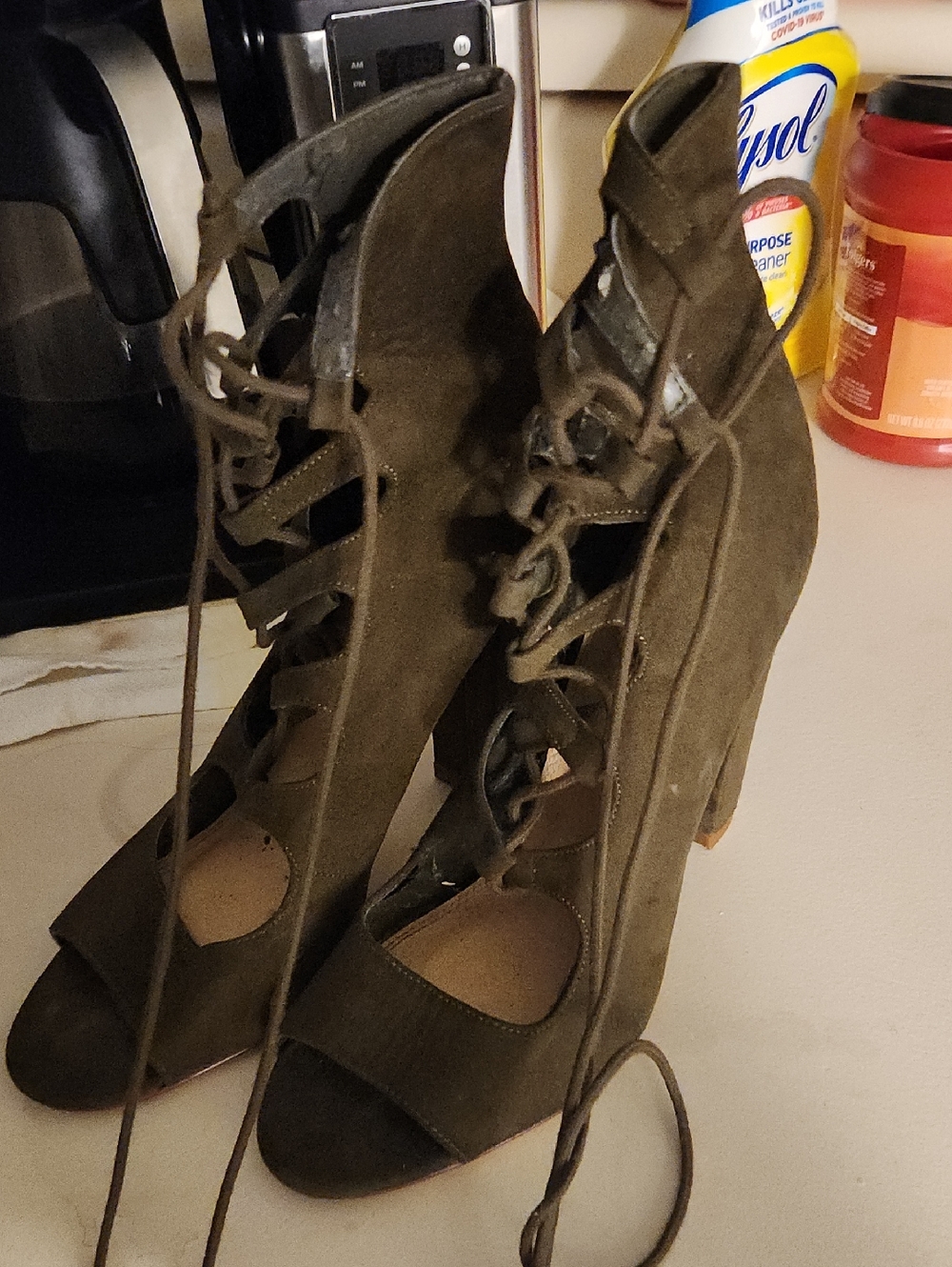 Liliana Olive Green Suede Lace-Up Peep Toe Block Heels